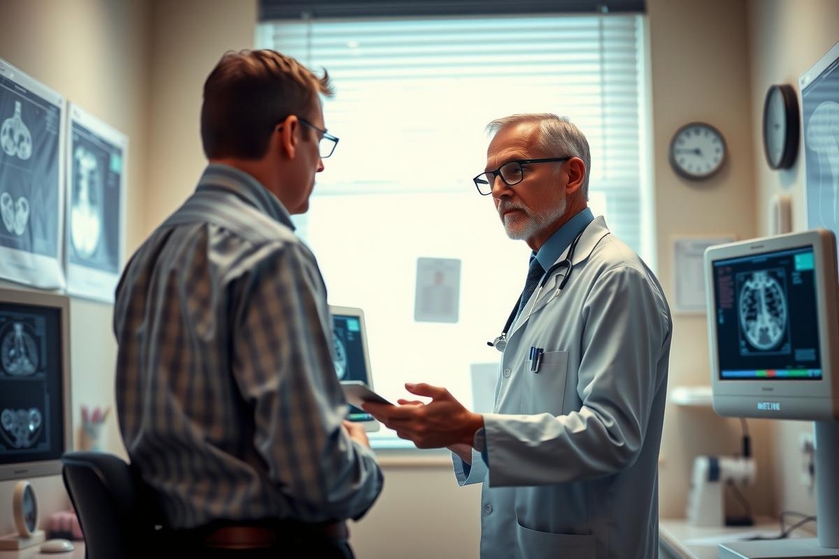 Two men in a medical setting, one wearing a lab coat and the other in a plaid shirt. The man in glasses is holding a clipboard with notes on it while pointing to an image or paperwork.