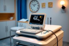 Ultrasound machine on a medical cart in a clinic. Focus on diagnostic imaging technology in a healthcare setting. Blue curtains and cabinet backdrop.