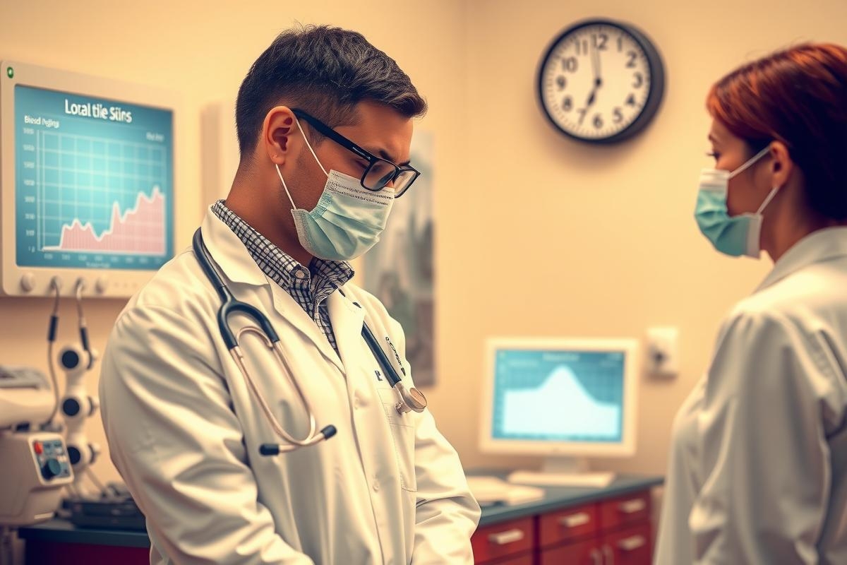 The image depicts a professional medical environment where two doctors are engaged in a consultation. Both individuals are dressed in white lab coats, a universal symbol of their profession.