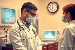 The image depicts a professional medical environment where two doctors are engaged in a consultation. Both individuals are dressed in white lab coats, a universal symbol of their profession.