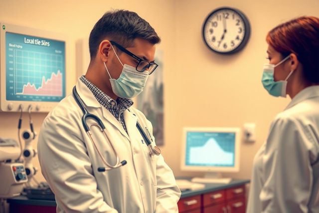 The image depicts a professional medical environment where two doctors are engaged in a consultation. Both individuals are dressed in white lab coats, a universal symbol of their profession.