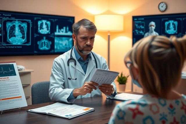 The image depicts an indoor setting where a doctor is examining a patient. The doctor, dressed in medical attire, holds a clipboard and appears to be reviewing the patient's medical history. The patient is seated across from the doctor, likely undergoing a consultation. The room has a clinical appearance with medical equipment visible in the background.