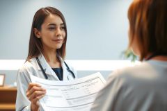 Doctor in a white coat hands a patient a document in a medical office setting. Healthcare professional, patient interaction, medical paperwork, clinical environment.