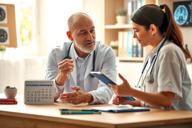 The image depicts a professional medical setting with two individuals, likely doctors, engaging in conversation. One doctor is seated while the other stands, both holding tablets and interacting with a calendar on their devices.