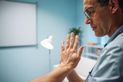 Doctor examining a patient's hands in a brightly lit clinic. Focus on medical assessment, healthcare setting, and professional care.