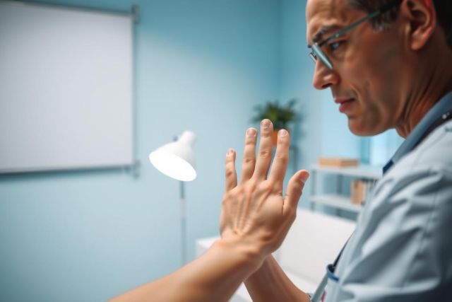Doctor examining a patient's hands in a brightly lit clinic. Focus on medical assessment, healthcare setting, and professional care.