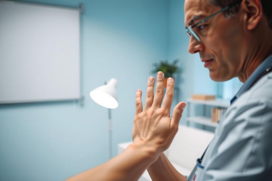 Doctor examining a patient's hands in a brightly lit clinic. Focus on medical assessment, healthcare setting, and professional care.