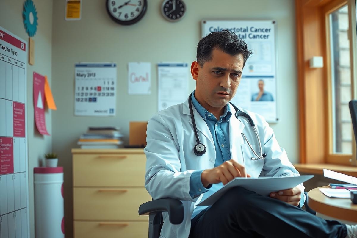 The image depicts a physician seated at a desk in an office environment. He is dressed in a white lab coat and appears to be reading or writing on a piece of paper, suggesting he might be reviewing patient records or preparing for a consultation.