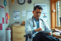The image depicts a physician seated at a desk in an office environment. He is dressed in a white lab coat and appears to be reading or writing on a piece of paper, suggesting he might be reviewing patient records or preparing for a consultation.