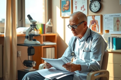 This image portrays an elderly male, presumably a medical doctor, seated at a desk with paperwork spread out before him.
