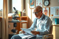 This image portrays an elderly male, presumably a medical doctor, seated at a desk with paperwork spread out before him.