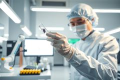 Scientist in lab coat and mask examines a test tube in a modern laboratory. Focus on research, analysis, and medical science. Sterile environment with equipment and glassware visible.