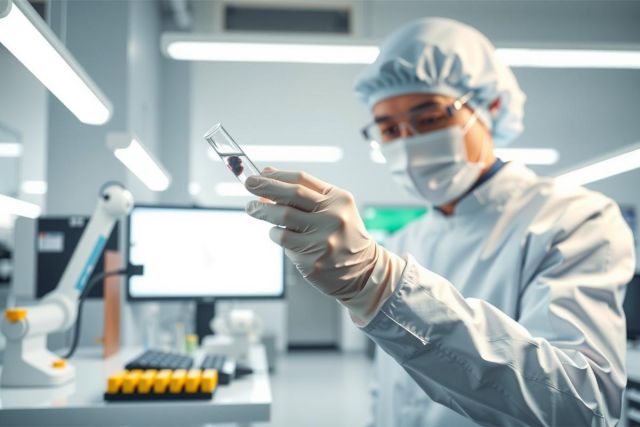 Scientist in lab coat and mask examines a test tube in a modern laboratory. Focus on research, analysis, and medical science. Sterile environment with equipment and glassware visible.