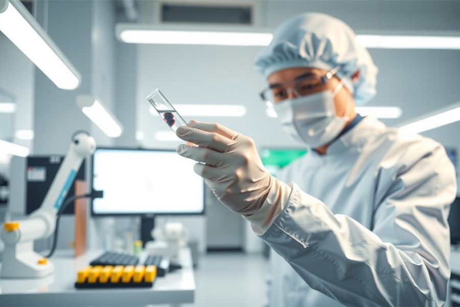 Scientist in lab coat and mask examines a test tube in a modern laboratory. Focus on research, analysis, and medical science. Sterile environment with equipment and glassware visible.
