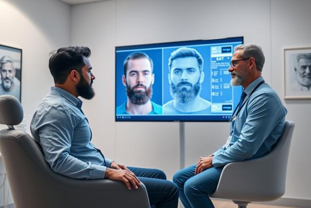Two men in a modern office setting, facing each other. A large screen displays side-by-side facial reconstructions. The scene suggests forensic analysis, identity comparison, or psychological assessment with a cool, blue color palette.