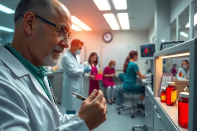 This image depicts a clinical research laboratory environment where scientists are conducting experiments. A central figure appears to be presenting or explaining something to others in the lab.