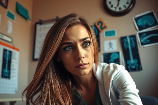 The image depicts a woman in what appears to be a medical setting. She has long red hair and is wearing a white lab coat over a dark top, suggesting she might be a doctor or a teacher. Her expression seems contemplative or focused on something off-camera. The environment includes a desk with papers and a blackboard in the background that has diagrams related to human anatomy. 
