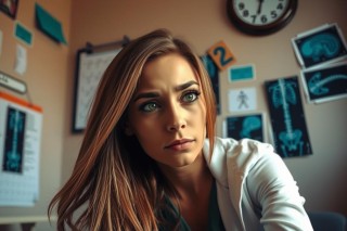 The image depicts a woman in what appears to be a medical setting. She has long red hair and is wearing a white lab coat over a dark top, suggesting she might be a doctor or a teacher. Her expression seems contemplative or focused on something off-camera. The environment includes a desk with papers and a blackboard in the background that has diagrams related to human anatomy. 