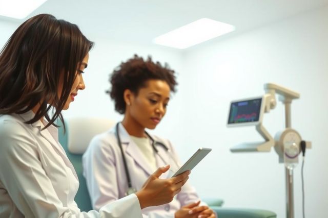 A doctor examines a tablet in a modern clinic. A female healthcare worker in a white coat demonstrates technology in a clinical setting, analyzing data. The stage includes a patient chair and equipment.