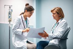 Doctors discuss medical records in a bright, modern clinic setting. Two healthcare workers in white coats review paperwork while an IV drip is visible in the background. Focus on patient care, medical consultation, and healthcare workers.