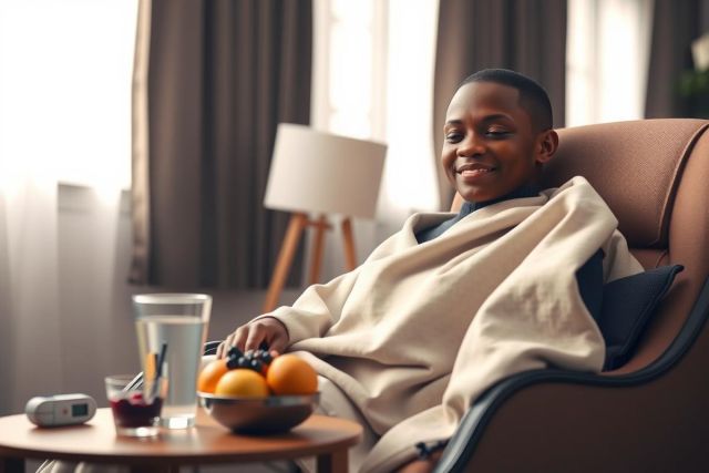 A man relaxes in a brown armchair, wrapped in a cream blanket, enjoying a bowl of fruit and drinks in a cozy living room setting. Natural light and a warm color palette create a comfortable atmosphere.
