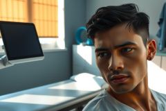 Close-up of a young man in a medical environment. He's positioned near a hospital bed, with a focused expression. The scene features soft lighting and a blue color palette, evoking a clinical setting. 