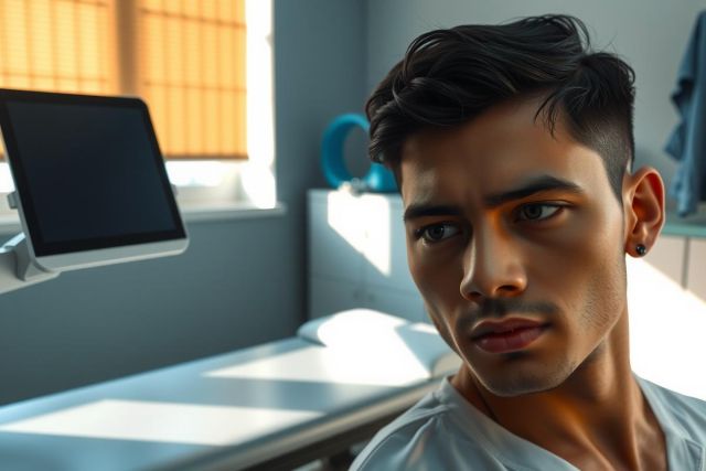 Close-up of a young man in a medical environment. He's positioned near a hospital bed, with a focused expression. The scene features soft lighting and a blue color palette, evoking a clinical setting. 
