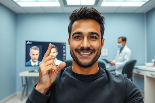 Man smiling in a modern clinic setting, seemingly comparing his appearance to a 'before' photo on a screen. Blue walls and a blurred medical professional in the background. Focus on cosmetic procedures, transformation, and facial aesthetics.