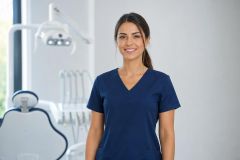 Dental hygienist in navy scrubs smiling in a clinic treatment room, conveying recovery reassurance.