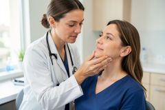 Doctor gently examining a patient's jaw and chin in a clinic, assessing facial structure during an in‑office exam.