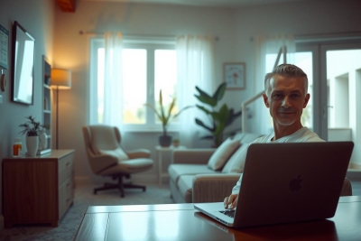The image shows a man seated at a desk in a well-lit room. The man appears to be engaged with a laptop that is open on the desk in front of him. His environment suggests a comfortable and modern living or working space, with a clean, minimalist design.