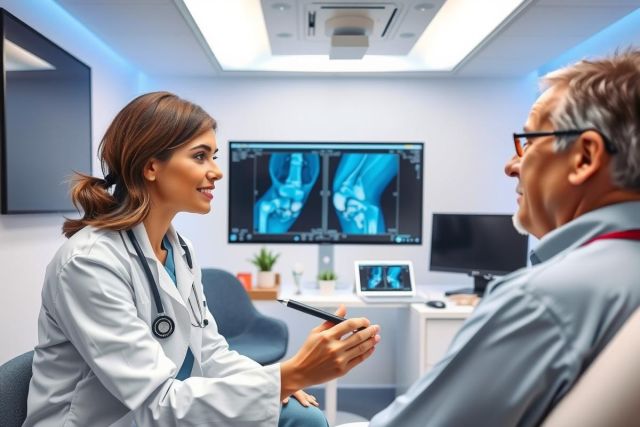 Doctor discussing X-ray results with a patient in a medical office. Healthcare consultation, diagnostic imaging, and patient care are key themes. Blue and white color scheme.