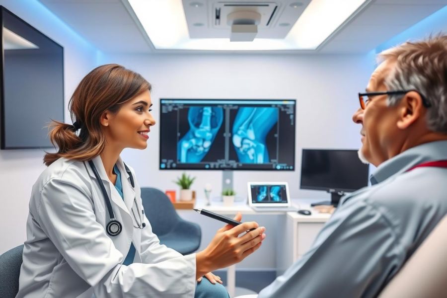 Doctor discussing X-ray results with a patient in a medical office. Healthcare consultation, diagnostic imaging, and patient care are key themes. Blue and white color scheme.
