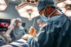 Surgeon in scrubs and mask performs surgery under bright operating room lights. Close-up view of the procedure, showcasing medical expertise and precision. Healthcare setting.