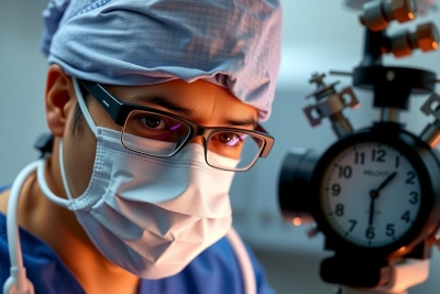 Image shows a medical professional in an operating or surgical environment, wearing personal protective equipment. The individual appears focused on a task at hand, likely involving patient care or monitoring.