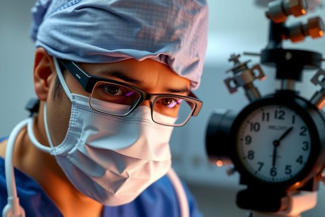 Image shows a medical professional in an operating or surgical environment, wearing personal protective equipment. The individual appears focused on a task at hand, likely involving patient care or monitoring.
