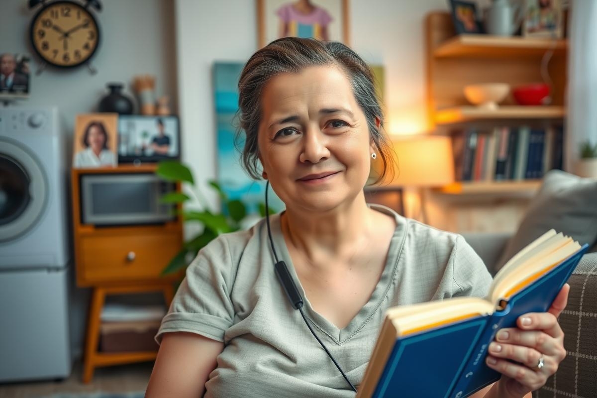The image features a woman seated on a couch, engrossed in reading. She is wearing headphones, suggesting she might be listening to an audiobook or some other form of audio content. The room has a cozy and warm atmosphere with books scattered around, indicating a love for reading. A clock and a framed photo adorn the wall behind her. The scene captures a peaceful moment of solitude and relaxation.
