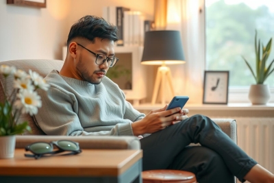 A young man wearing glasses and a gray sweatshirt is seated in a modern living room. He is holding and looking at his smartphone, which he holds in both hands. In front of him on the floor are sunglasses and flowers. There's a couch, a coffee table with books and decorative items on it, and a window allowing natural light into the room.