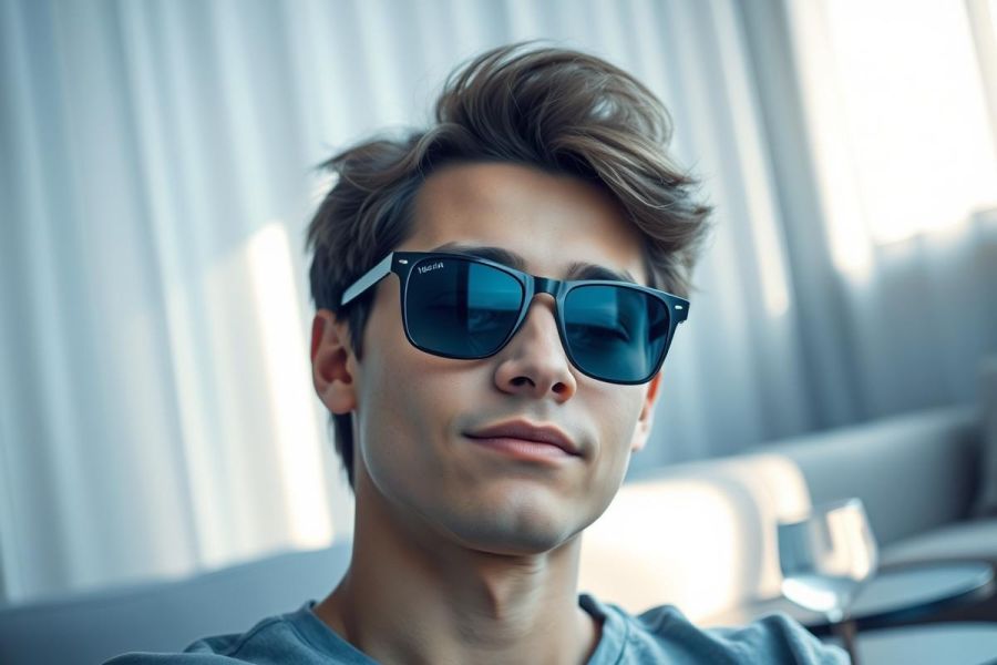 Stylish young man wearing black sunglasses indoors. Portrait with a blurred background featuring light gray curtains. Casual, modern look with a focus on eyewear and a relaxed atmosphere.