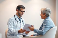 Doctor consults with a patient in a bright, modern medical office. The healthcare professional, wearing a white coat and stethoscope, reviews documents with an elderly woman. Focus is on patient care and medical consultation, with neutral tones and a professional setting.