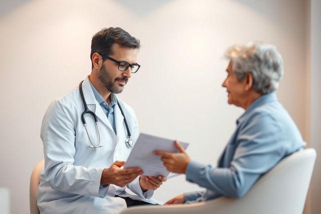 Doctor consults with a patient in a bright, modern medical office. The healthcare professional, wearing a white coat and stethoscope, reviews documents with an elderly woman. Focus is on patient care and medical consultation, with neutral tones and a professional setting.