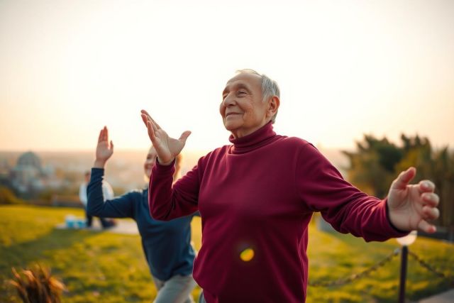 The image shows an elderly man and a younger woman outdoors, likely during sunrise or sunset due to the warm lighting. They appear to be engaged in a group exercise class on a grassy field, with the man actively participating while standing behind the younger woman who is seated on a mat.