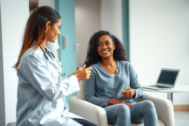 Doctor consults with patient in a modern clinic setting.  Warm lighting, blue scrubs, and a comfortable chair create a welcoming atmosphere. Healthcare, consultation, medical professional.