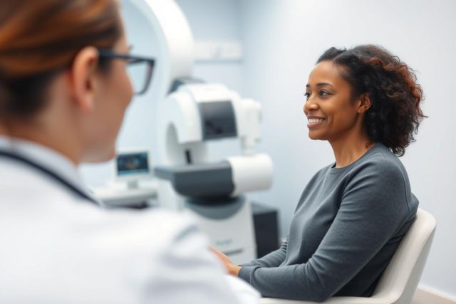 Woman receiving eye exam in a modern clinic. An optometrist is visible, with advanced eye testing equipment in the background. Soft lighting and neutral colors create a clinical, professional atmosphere. Healthcare, eye care, and patient consultation are key themes.