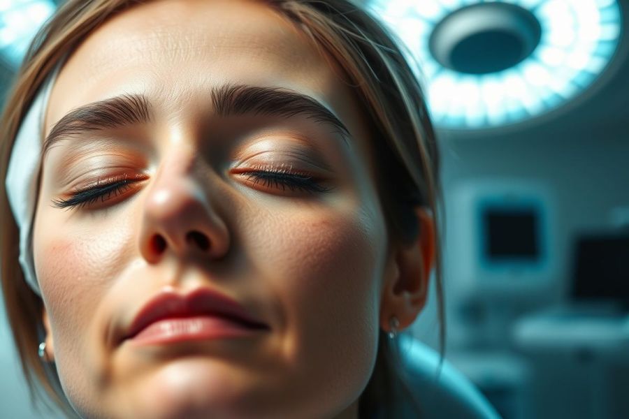 Close-up of a young woman with eyes closed, likely undergoing a medical procedure. Bright surgical lighting illuminates her face in a clinical setting with monitors visible in the background. Predominantly cool blue and white tones create a sterile atmosphere. Focus on beauty and healthcare.