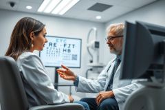 Optometrist examining a patient in a modern eye care clinic. The scene features a doctor and patient, eye chart, diagnostic equipment, and a clean, bright interior. Focus on eye health, vision care, and professional consultation.