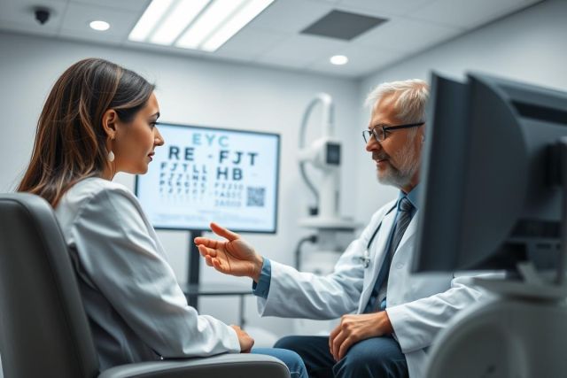 Optometrist examining a patient in a modern eye care clinic. The scene features a doctor and patient, eye chart, diagnostic equipment, and a clean, bright interior. Focus on eye health, vision care, and professional consultation.