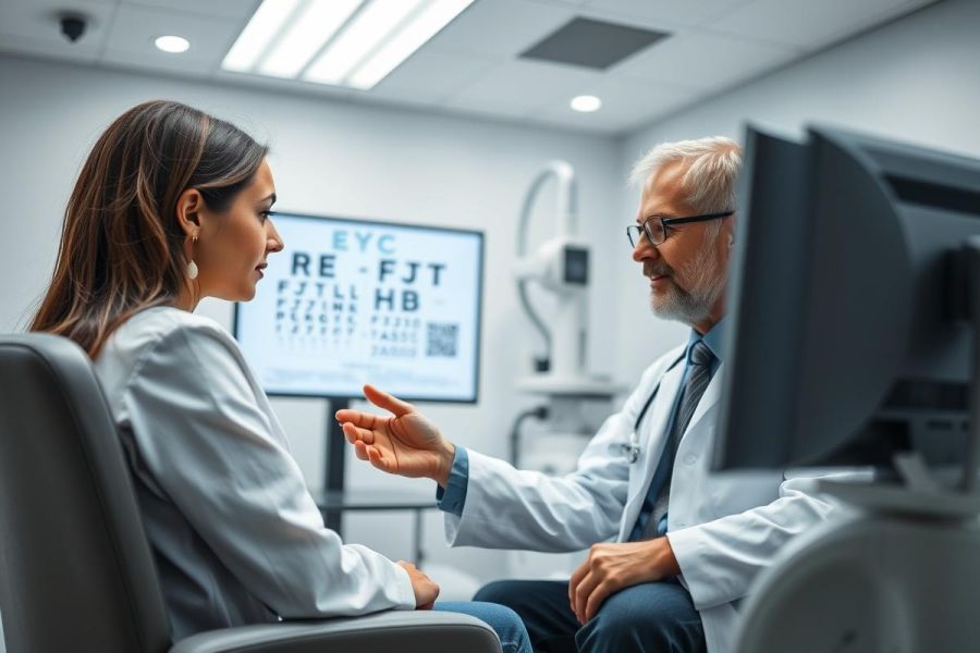Optometrist examining a patient in a modern eye care clinic. The scene features a doctor and patient, eye chart, diagnostic equipment, and a clean, bright interior. Focus on eye health, vision care, and professional consultation.