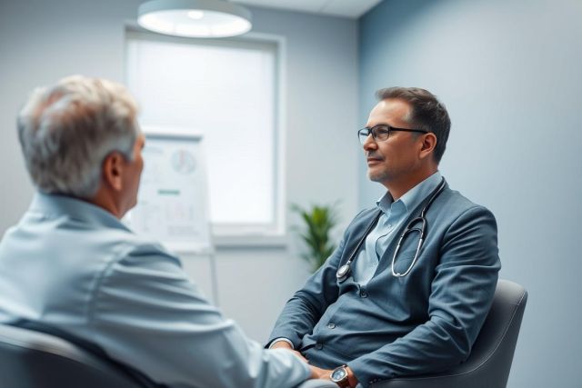 Doctor consults with an elderly patient in a modern, blue medical office. The scene depicts a healthcare check-up, with the doctor wearing glasses and a stethoscope, fostering a professional and caring environment. Focus on patient care and medical consultation.