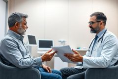 Doctor consults with a patient in a modern clinic. The image shows a medical professional reviewing documents with a mature man, likely discussing health concerns. Neutral colors and a professional setting convey trust and healthcare services.
